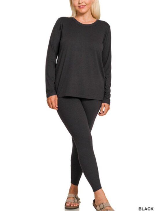 Zenana Outfitters Pants - B55 PLUS SIZE BRUSHED DTY MICROFIBER ROUND NECK TOP & LEGGINGS SET NEW - Black